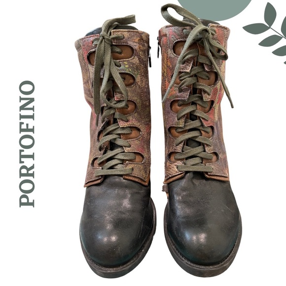 PORTOFINO Leather Ankle Boots with Floral Panel Green Portugal Size 39 US 8.5/9 - Picture 7 of 13